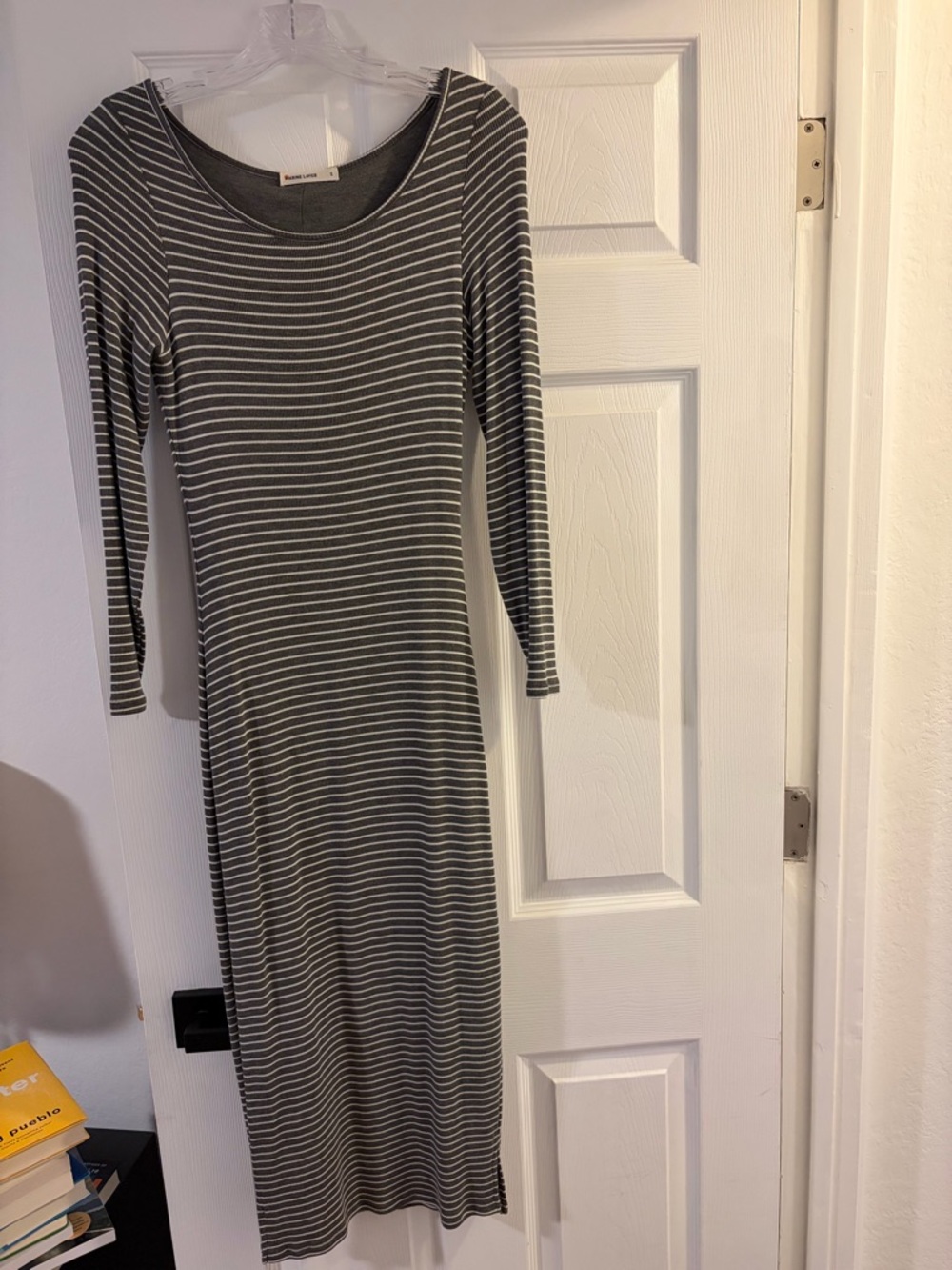 Marine Layer Gray and White Striped Long Sleeve Midi Dress